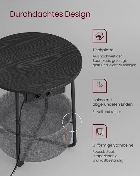 Kerek dohányzóasztal USB töltő porttal, kis asztal aljzattal, ébenfekete-palaszürke