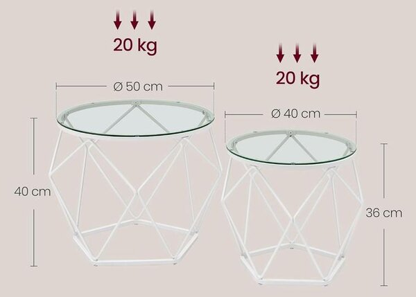 Kerek dohányzóasztalok, 2 db asztal, levehető asztallap, átlátszó-felhő fehér