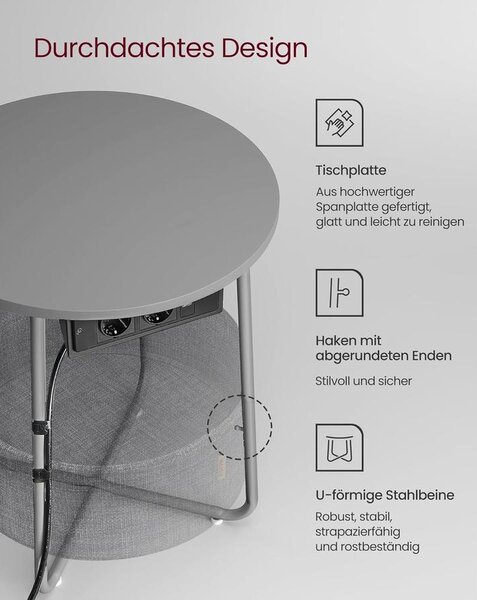 Kerek dohányzóasztal USB töltő porttal, kis asztal aljzattal, szürke-palaszürke