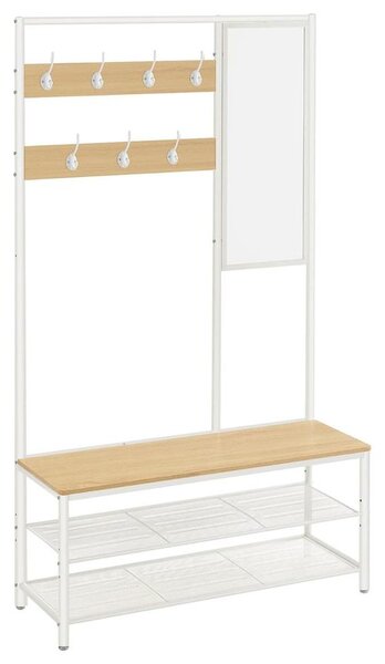 Kabáttartó állvány cipőtárolóval, előszobafal tükörrel és cipőspolcokkal 35x98x180 cm, tölgy színű és fehér