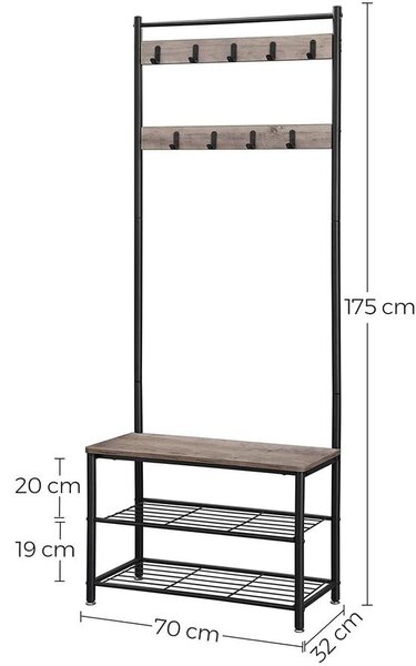 Kabáttartó állvány, cipőtartó üléssel, magasság 175 cm