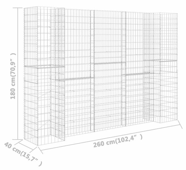 H alakú acéldrót virágtartó gabion 260 x 40 x 180 cm
