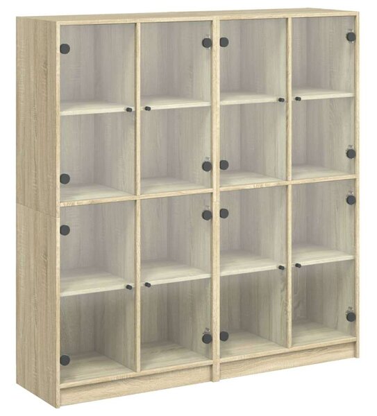 Fa Könyvespolc - 16 Rekesz - Üveg - Sonoma Tölgy - 136x37x142 cm
