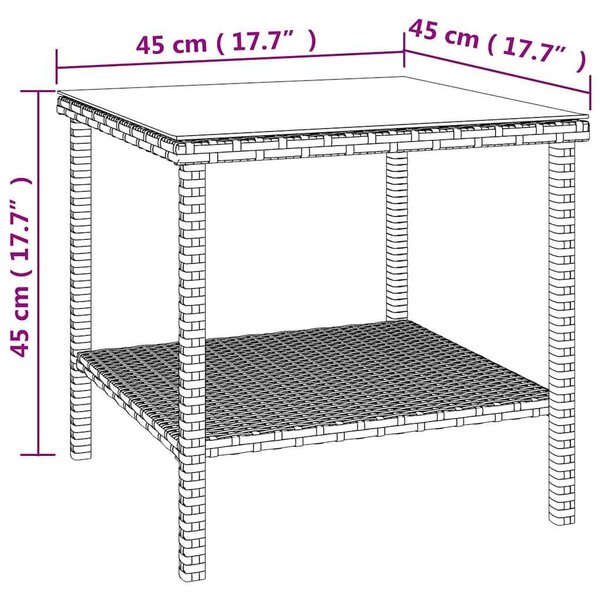 Fekete polyrattan és edzett üveg kisasztal 45 x 45 x 45 cm