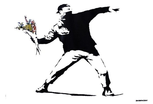 Plakát Banksy street art - graffiti throwing flowers, (59 x 42 cm)