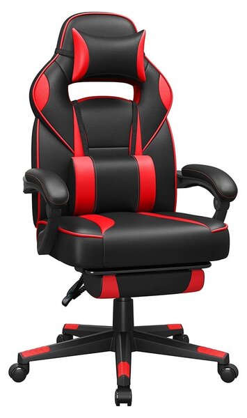 Ergonómikus szék, állítható irodai szék lábtartóval, fekete-piros