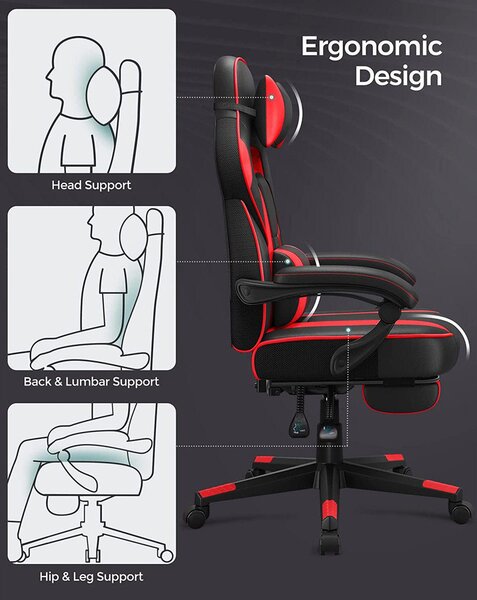 Ergonómikus szék, állítható irodai szék lábtartóval, fekete-piros