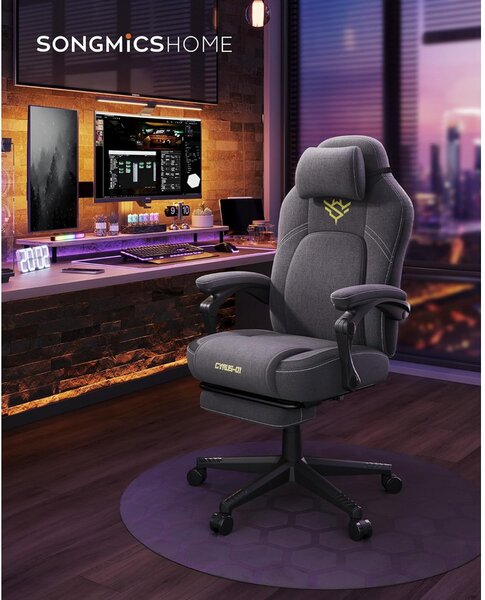 Ergonomikus gamer szék lábtartóval, állítható, galambszürke párnával