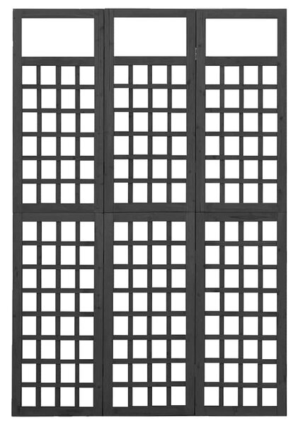 3 paneles fekete tömör fenyő térelválasztó/lugasrács 121x180 cm