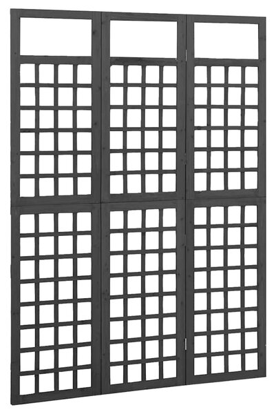 3 paneles fekete tömör fenyő térelválasztó/lugasrács 121x180 cm