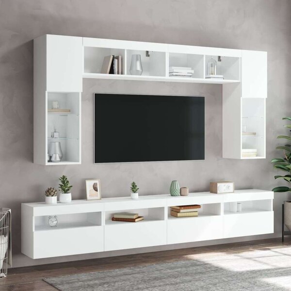 VidaXL 8 darabos fehér falra szerelhető TV-szekrényszett LED-ekkel