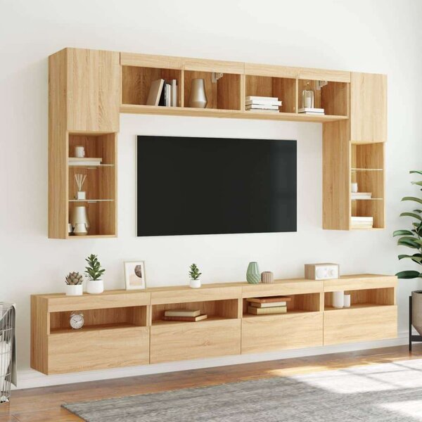 VidaXL 8 darab sonoma tölgy színű falra szerelhető TV-szekrény LED-del