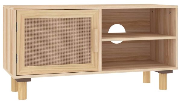 Barna tömör fenyő és természetes rattan TV-szekrény 80x30x40 cm