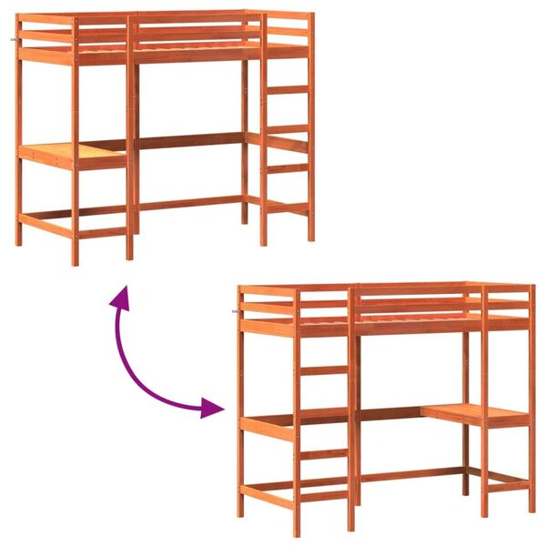 VidaXL viaszbarna tömör fenyőfa galériaágy íróasztallal 90 x 200 cm