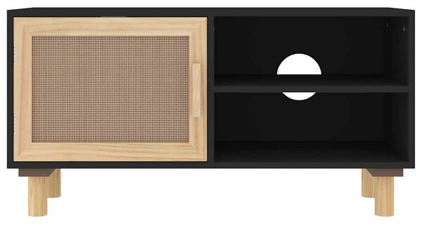 Fekete fenyőfa és természetes rattan TV-szekrény 80x30x40 cm