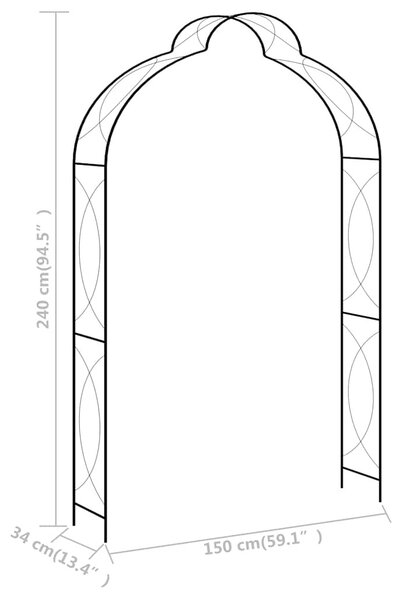 Fekete vas kerti boltív kapuval 150 x 34 x 240 cm