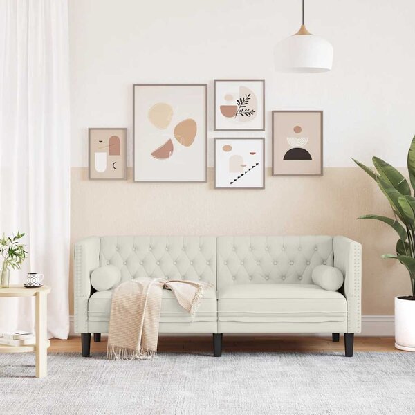 2 személyes krémszínű bársony Chesterfield kanapé párnákkal