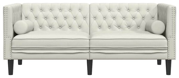 2 személyes krémszínű bársony Chesterfield kanapé párnákkal