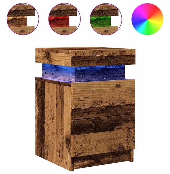 Antik fa színű szerelt fa éjjeliszekrény LED-del 35x39x55 cm