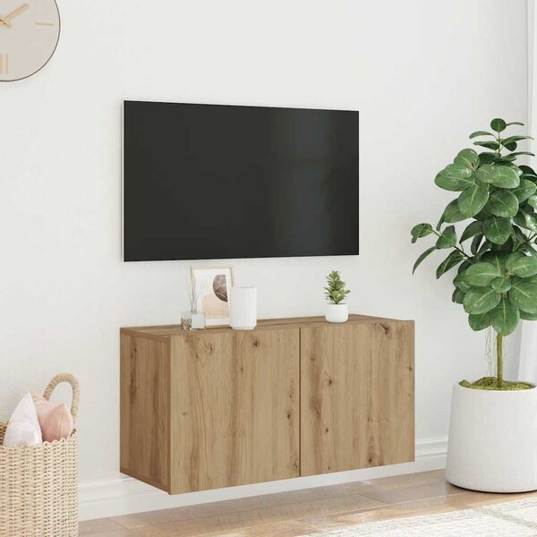 Kézműves tölgy színű falra szerelhető TV-szekrény 80x30x41 cm