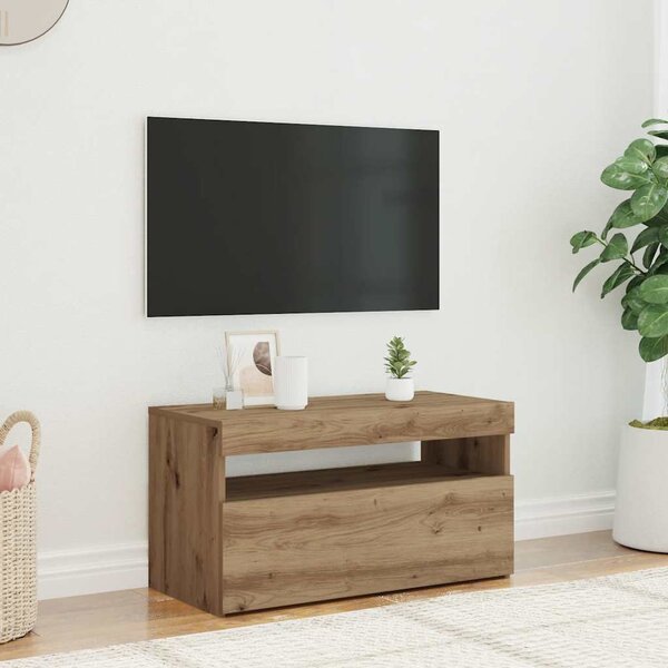Kézműves tölgy szerelt fa TV-szekrény LED-ekkel 75x35x40 cm