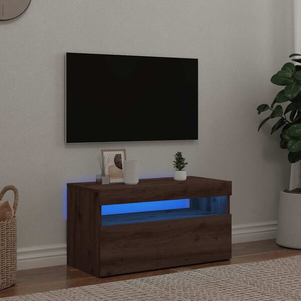 Kézműves tölgy szerelt fa TV-szekrény LED-ekkel 75x35x40 cm