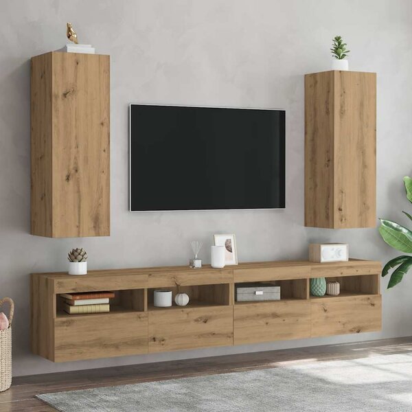 2 db kézműves tölgy színű szerelt fa TV-szekrény 30,5x30x90 cm