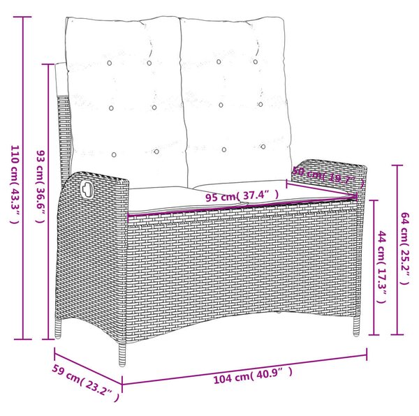 VidaXL Kertbútor - Dönthető Pad - Fekete Polyrattan - 2 személyes