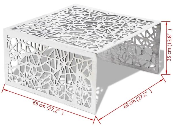 Ezüstszínű alumínium dohányzóasztal geometrikus dizájnnal