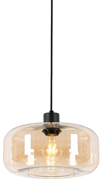 Art deco hanglamp zwart met amber glas - Bizle