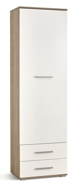Könyvespolc Cirveso 106, Ajtókkal, Zárt, Fiókokkal, Laminált forgácslap, 200x60x40cm, Fényes fehér, Sonoma tölgy