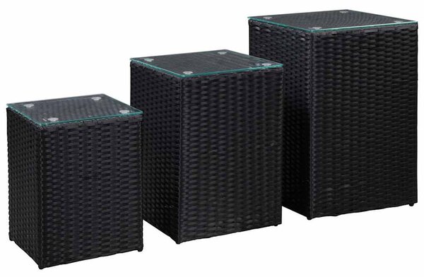 3 db fekete polyrattan kisasztal üveg asztallappal