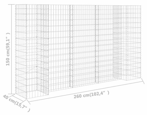 H alakú acéldrót virágtartó gabion 260 x 40 x 150 cm
