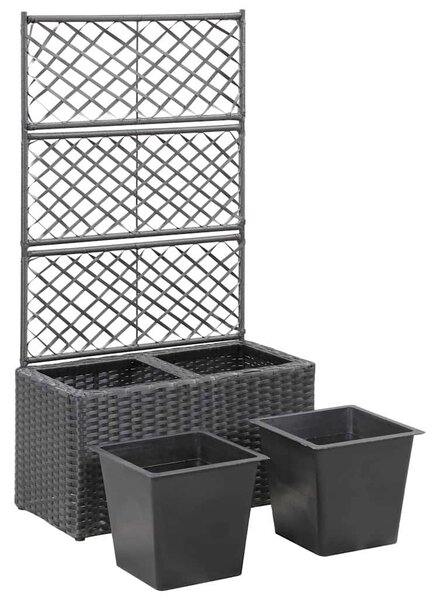 Fekete rácsos polyrattan magaságyás 2 kaspóval 58 x 30 x 107 cm