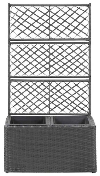 Fekete rácsos polyrattan magaságyás 2 kaspóval 58 x 30 x 107 cm