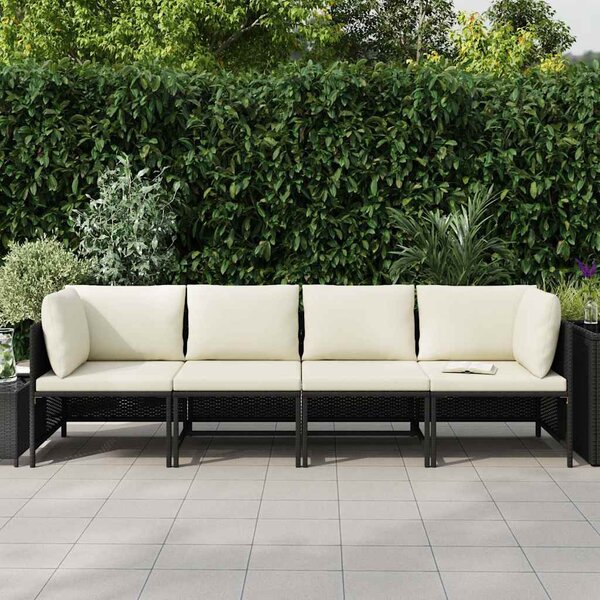4 személyes fekete polyrattan kerti kanapé párnákkal