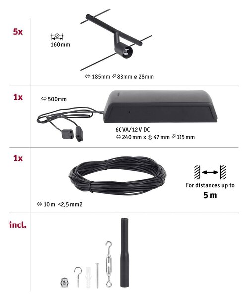 Paulmann Wire Salt kötélrendszer 5-ágú 5m fekete, Fekete, Folyosó, fém, Modern