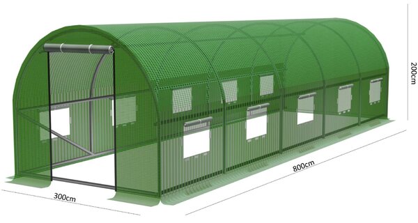 Alagút Üvegház - Fémváz - 3x8m - Zöld