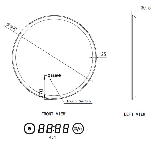 Welland Type-789 LED tükör - fényerő + színhőfok állítás + páramentesítő + óra - Ø 60 cm