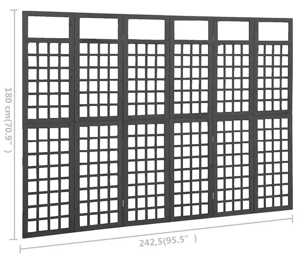 6 paneles fekete fenyőfa térelválasztó/lugasrács 242,5 x 180 cm