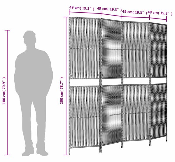 Polyrattan Térelválasztó - 4 Panel - Szürke - 196x200cm