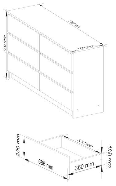 Akord KOMODA K 140 cm 6 Fiókos Fehér/Sonoma Komód, Laminált Tábla, ABS élzárás, Összeszerelés szükséges, Modern Mat Felület, Fehér Test, Sonoma Tölgy Előlap, Blokkolható Fiókokkal