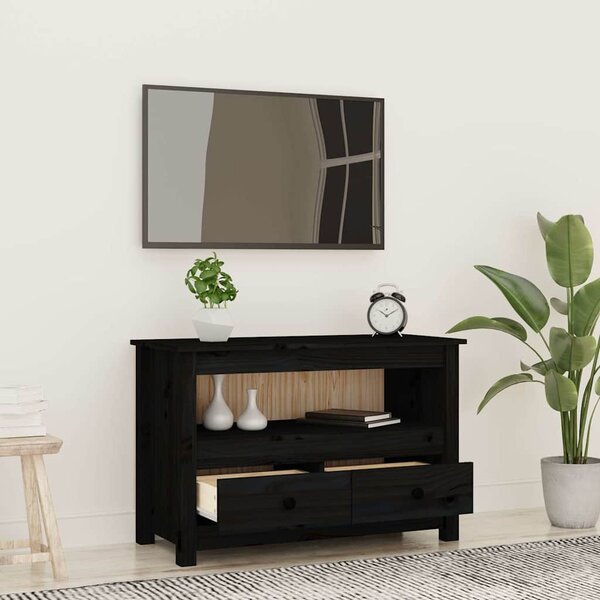 Fekete tömör fenyőfa TV-szekrény 79 x 35 x 52 cm