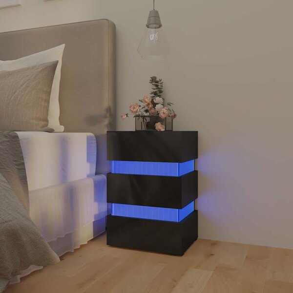 Magasfényű fekete szerelt fa LED-es éjjeliszekrény 45x35x67 cm