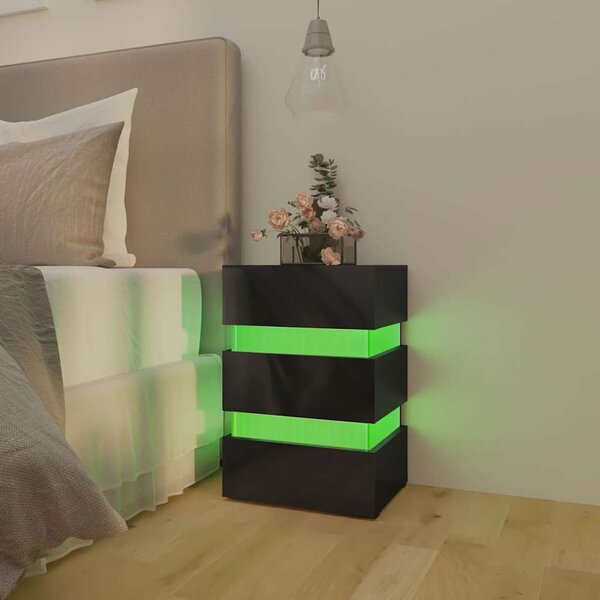 Magasfényű fekete szerelt fa LED-es éjjeliszekrény 45x35x67 cm
