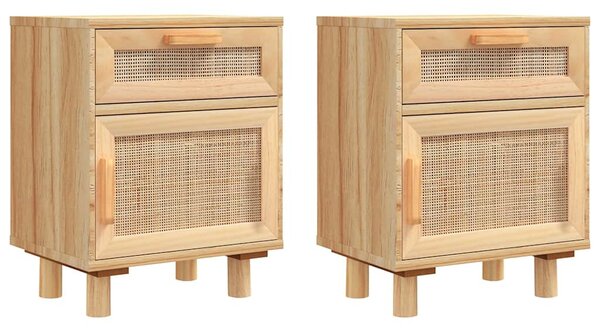 2 db barna tömör fenyőfa és természetes rattan éjjeliszekrény