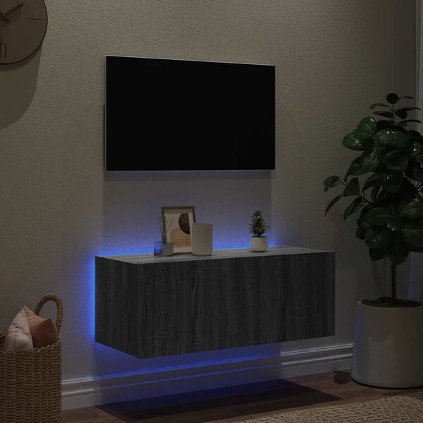 Szürke sonoma színű fali TV-szekrény LED-del 80x35x31 cm