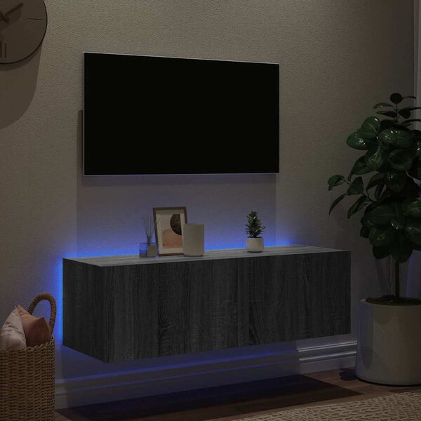 Szürke sonoma színű fali TV-szekrény LED-ekkel 100 x 35 x 31 cm