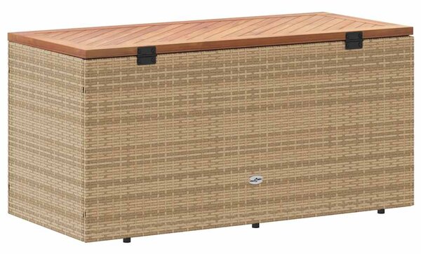 Bézs polyrattan és akácfa kerti tárolóláda 110 x 50 x 54 cm