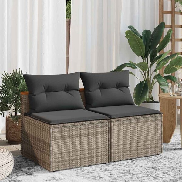 2 db szürke polyrattan karfa nélküli kerti kanapé párnákkal